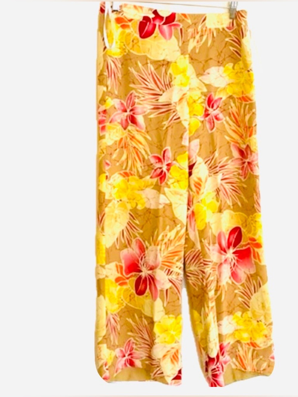 Stunning Tori Richard Designer Luxury Floral Silk Flowy Pants Tan Pink Size 10